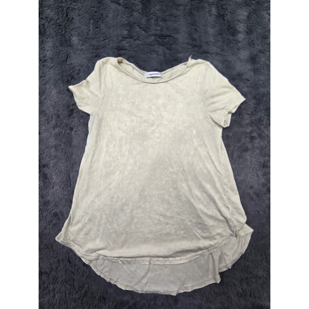August Winds Tan Acid Wash Split Back High Low Short Sleeve Top Womens Medium
